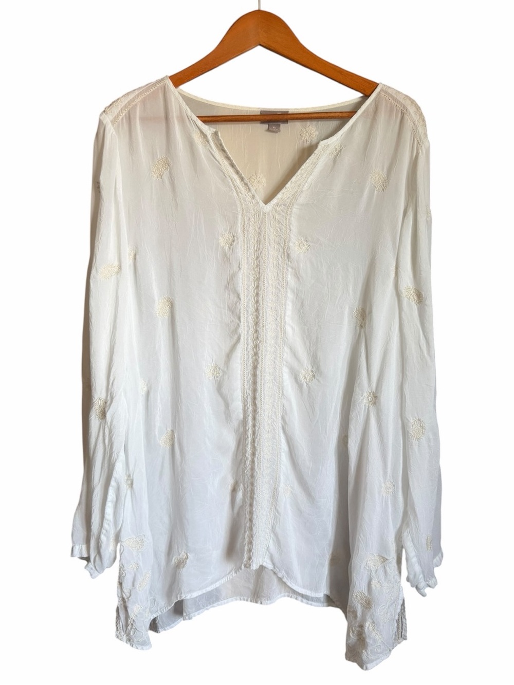 J. Jill White Embroidered Tunic Blouse XL Boho Peasant V Neck Rayon Long Sleeve - Picture 3 of 9